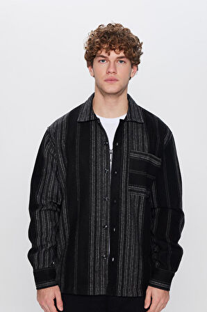 Erkek Relax Fit Rahat Kesim Oduncu Çizgili Tek Cepli Kışlık Gömlek