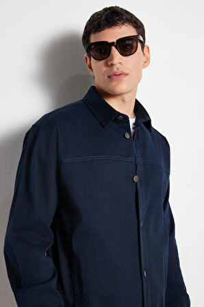 Erkek Relax Fit Rahat Kesim Gabardin Likralı Yandan Cepli Lacivert Ceket Gömlek