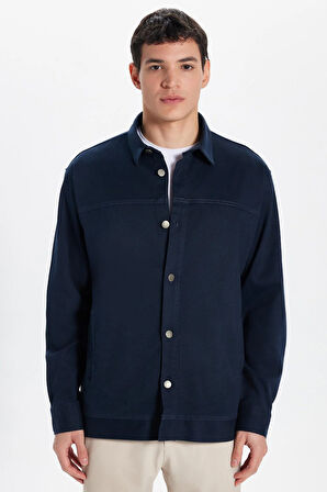 Erkek Relax Fit Rahat Kesim Gabardin Likralı Yandan Cepli Lacivert Ceket Gömlek