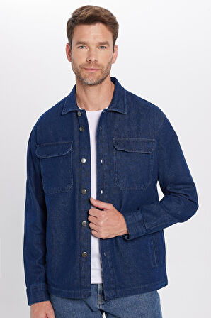Unisex Relax Fit Rahat Kesim Denim Kot Kapaklı Çift Cepli Lacivert Overshirt Ceket Tarzı Gömlek