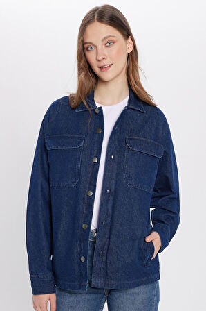 Unisex Relax Fit Rahat Kesim Denim Kot Kapaklı Çift Cepli Lacivert Overshirt Ceket Tarzı Gömlek