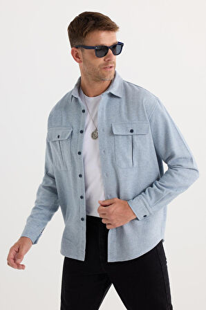 Erkek Relax Fit Rahat Kesim Oduncu Çift Cep Düğmeli Düz Mavi Kışlık Gömlek