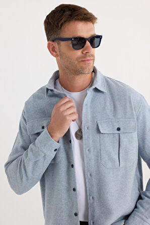 Erkek Relax Fit Rahat Kesim Oduncu Çift Cep Düğmeli Düz Mavi Kışlık Gömlek