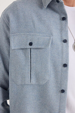 Erkek Relax Fit Rahat Kesim Oduncu Çift Cep Düğmeli Düz Mavi Kışlık Gömlek