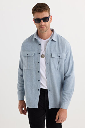 Erkek Relax Fit Rahat Kesim Oduncu Çift Cep Düğmeli Düz Mavi Kışlık Gömlek