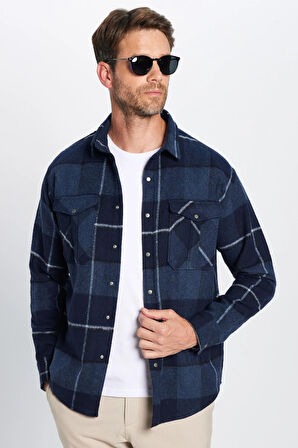 Erkek Relax Fit Rahat Kesim Oduncu Çift Cep Düğmeli Kareli Kışlık Gömlek