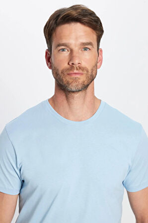 Unisex Slim Fit Dar Kesim %100 Pamuk Yumuşak Dokulu Mavi Bisiklet Yaka Tişört