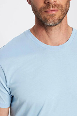 Unisex Slim Fit Dar Kesim %100 Pamuk Yumuşak Dokulu Mavi Bisiklet Yaka Tişört