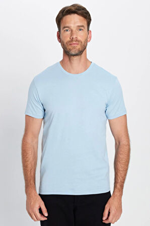 Unisex Slim Fit Dar Kesim %100 Pamuk Yumuşak Dokulu Mavi Bisiklet Yaka Tişört