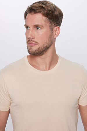 Unisex Slim Fit Dar Kesim %100 Pamuk Yumuşak Dokulu Krem Renk Bisiklet Yaka Tişört