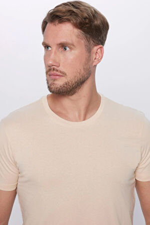 Unisex Slim Fit Dar Kesim %100 Pamuk Yumuşak Dokulu Krem Renk Bisiklet Yaka Tişört