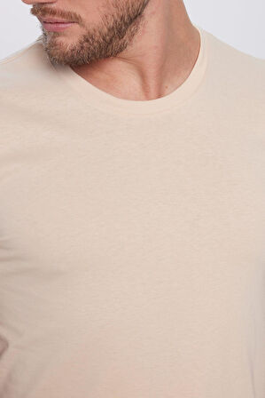 Unisex Slim Fit Dar Kesim %100 Pamuk Yumuşak Dokulu Krem Renk Bisiklet Yaka Tişört