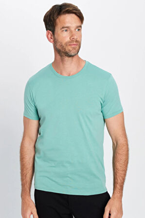 Unisex Slim Fit Dar Kesim %100 Pamuk Yumuşak Dokulu Yeşil Bisiklet Yaka Tişört