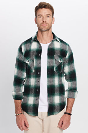 Erkek Slim Fit Dar Kesim Çift Cepli Kareli Kışlık Oduncu Gömlek