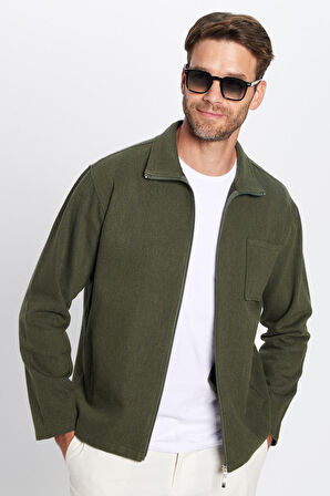 Unisex Relax Fit Rahat Kesim Fermuarlı Cepli Kışlık Haki Dik Yaka Overshirt Ceket Tarzı Gömlek