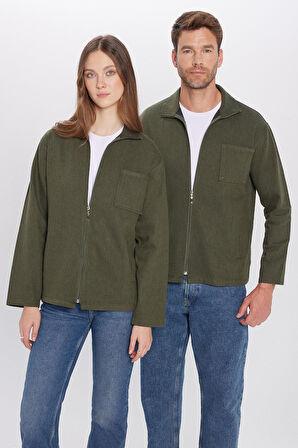 Unisex Relax Fit Rahat Kesim Fermuarlı Cepli Kışlık Haki Dik Yaka Overshirt Ceket Tarzı Gömlek