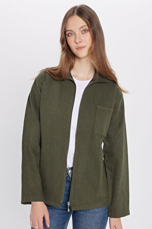 Unisex Relax Fit Rahat Kesim Fermuarlı Cepli Kışlık Haki Dik Yaka Overshirt Ceket Tarzı Gömlek