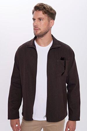 Unisex Relax Fit Rahat Kesim Fermuarlı Cepli Kışlık Kahverengi Overshirt Ceket Tarzı Dik Yaka Gömlek