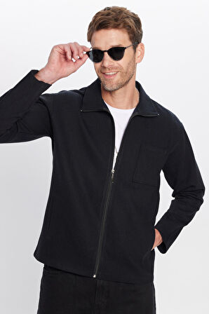 Unisex Relax Fit Rahat Kesim Fermuarlı Cepli Kışlık Siyah Dik Yaka Overshirt Ceket Tarzı Gömlek
