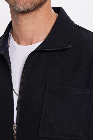 Unisex Relax Fit Rahat Kesim Fermuarlı Cepli Kışlık Siyah Dik Yaka Overshirt Ceket Tarzı Gömlek
