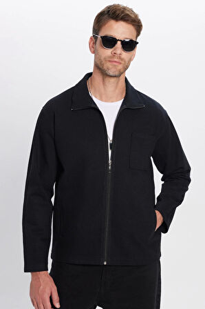 Unisex Relax Fit Rahat Kesim Fermuarlı Cepli Kışlık Siyah Dik Yaka Overshirt Ceket Tarzı Gömlek