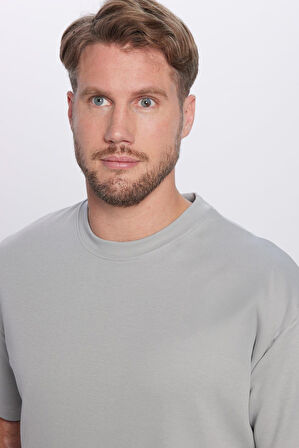 Unisex Oversize Geniş Kesim %100 Pamuk Yumuşak Dokulu Basic Bisiklet Yaka Gri Tişört