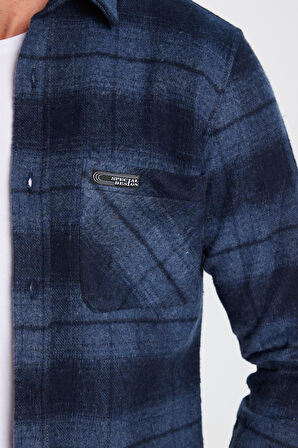 Erkek Slim Fit Dar Kesim Oduncu Tek Cep Kareli Kışlık Gömlek