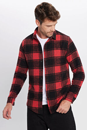 Erkek Slim Fit Dar Kesim Oduncu Kareli Kışlık Gömlek