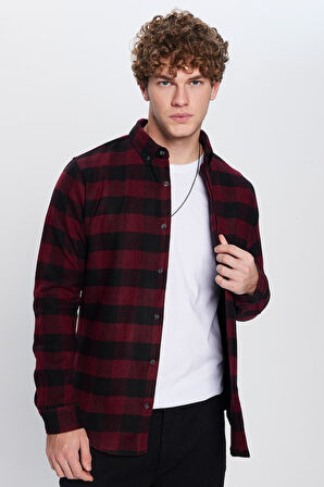 Erkek Slim Fit Dar Kesim Oduncu Düğmeli Yaka Kareli Kışlık Gömlek