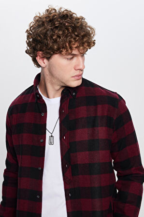 Erkek Slim Fit Dar Kesim Oduncu Düğmeli Yaka Kareli Kışlık Gömlek