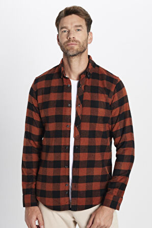 Erkek Slim Fit Dar Kesim Oduncu Düğmeli Yaka Kareli Kışlık Gömlek