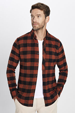 Erkek Slim Fit Dar Kesim Oduncu Düğmeli Yaka Kareli Kışlık Gömlek