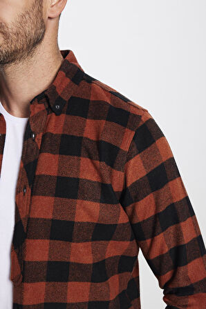 Erkek Slim Fit Dar Kesim Oduncu Düğmeli Yaka Kareli Kışlık Gömlek