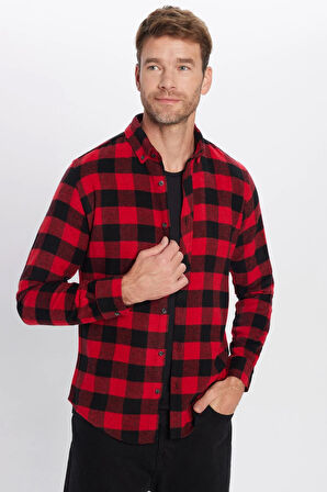 Erkek Slim Fit Dar Kesim Oduncu Düğmeli Yaka Kareli Kışlık Gömlek