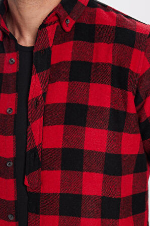 Erkek Slim Fit Dar Kesim Oduncu Düğmeli Yaka Kareli Kışlık Gömlek