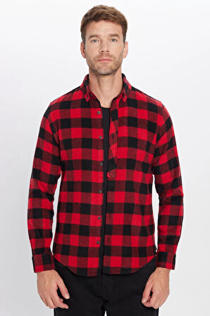 Erkek Slim Fit Dar Kesim Oduncu Düğmeli Yaka Kareli Kışlık Gömlek