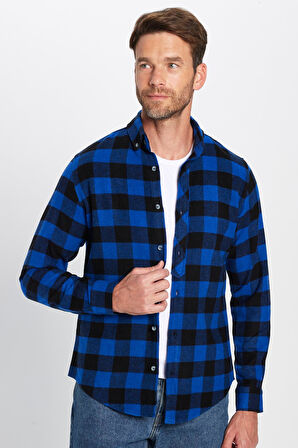 Erkek Slim Fit Dar Kesim Oduncu Düğmeli Yaka Kareli Kışlık Gömlek