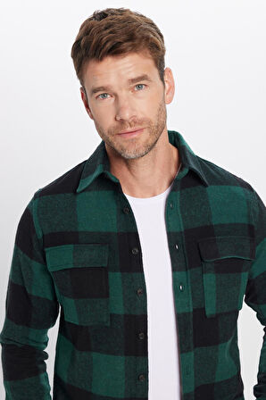 Unisex Slim Fit Dar Kesim Oduncu Çift Cep Kapaklı Kareli Kışlık Gömlek