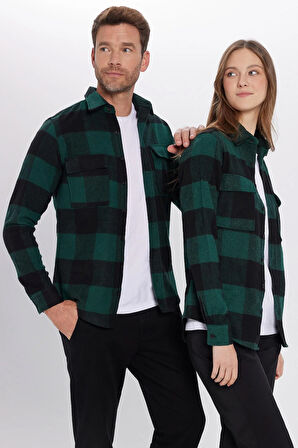 Unisex Slim Fit Dar Kesim Oduncu Çift Cep Kapaklı Kareli Kışlık Gömlek