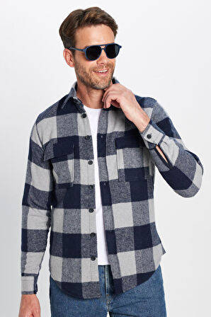 Unisex Slim Fit Dar Kesim Oduncu Çift Cep Kapaklı Kareli Kışlık Gömlek