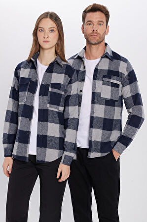 Unisex Slim Fit Dar Kesim Oduncu Çift Cep Kapaklı Kareli Kışlık Gömlek