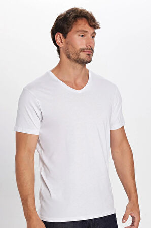 Erkek Slim Fit Dar Kesim %100 Pamuk Yumuşak Dokulu Beyaz V Yaka Tişört