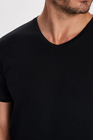 Erkek Slim Fit Dar Kesim %100 Pamuk Yumuşak Dokulu Siyah V Yaka Tişört