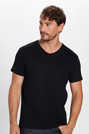 Erkek Slim Fit Dar Kesim %100 Pamuk Yumuşak Dokulu Siyah V Yaka Tişört