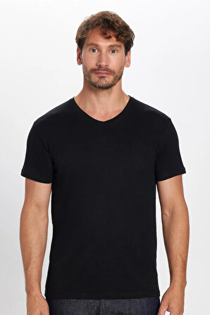 Erkek Slim Fit Dar Kesim %100 Pamuk Yumuşak Dokulu Siyah V Yaka Tişört