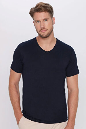 Erkek Slim Fit Dar Kesim %100 Pamuk Yumuşak Dokulu Lacivert V Yaka Tişört