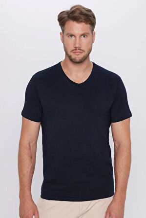Erkek Slim Fit Dar Kesim %100 Pamuk Yumuşak Dokulu Lacivert V Yaka Tişört