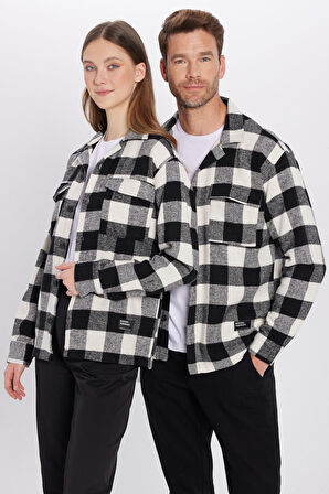 Unisex Relax Fit Rahat Kesim Oduncu Apaş Yaka Çift Cep Kapaklı Kareli Kışlık Gömlek