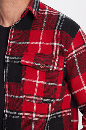 Erkek Relax Fit Rahat Kesim Oduncu Çift Cep Düğmeli Kareli Kışlık Gömlek