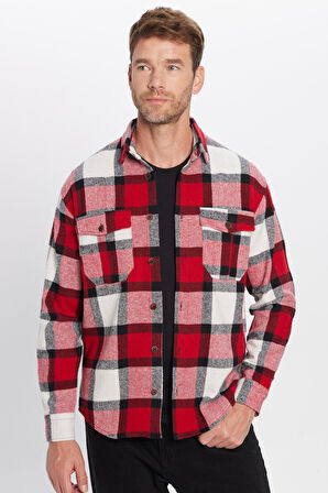 Erkek Relax Fit Rahat Kesim Oduncu Çift Cep Düğmeli Kareli Kışlık Gömlek